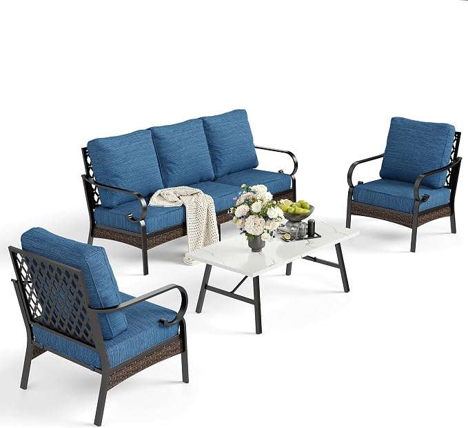 SUNSHINE VALLEY 4 Piece Metal Outdoor Patio Furniture Set, Patio Conversation Sets 1 3-Seater Sofa, 2 Chairs with 5.75" Extra Thick Cushion and Coffee Table, Black Frame Backyard Furniture, Blue-2