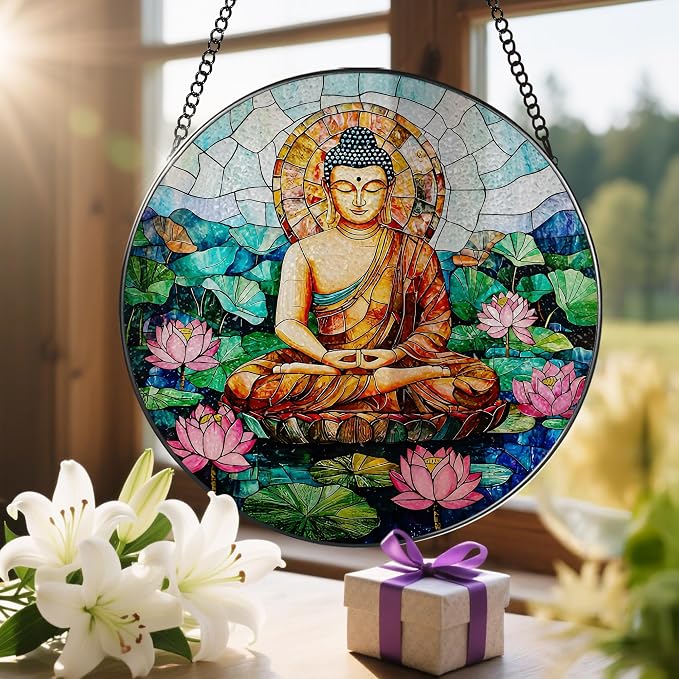 8-Inch Buddha Stained Glass Suncatcher & Ornament, Stained Glass Window Hanging, Sun Catcher Window Decor, Namaste Decor — Gifts for Buddhist & Yoga Lover, Gifts for Christmas, Birthday & Housewarming