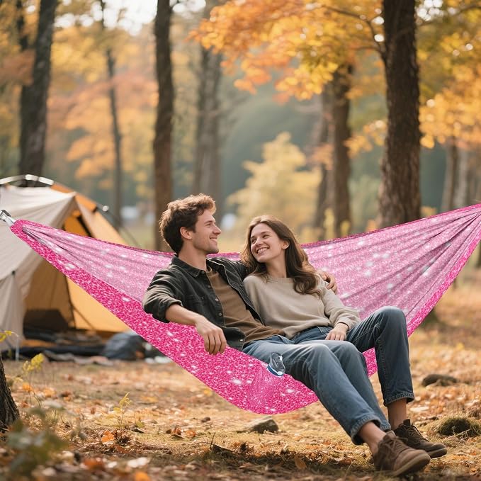 Pink Sparkling Glitter Camping Hammock, Portable Lightweight Single Hammock with Tree Straps and Aluminum Carabiners, 114" x 54" Travel Hammock for Hiking Backpacking Beach