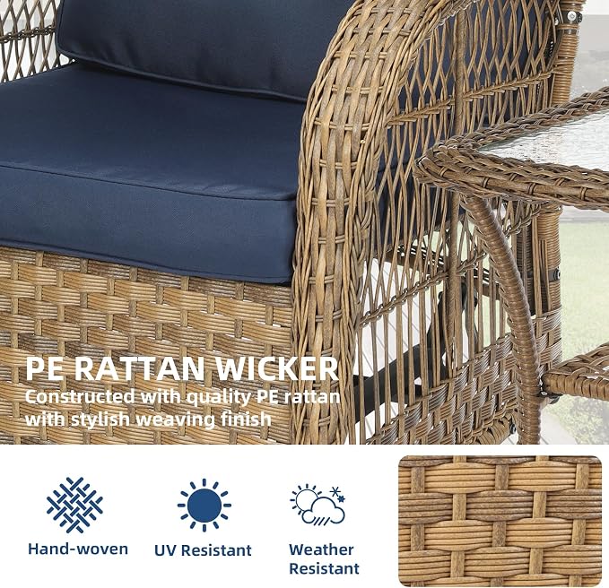 3-Piece Patio Wicker Conversation Bistro Set, Rattan Gliding Rocking Swivel Chairs with Cushion and Glass Top Side Table Outdoor Furniture Sets for Garden Backyard, Navy Blue