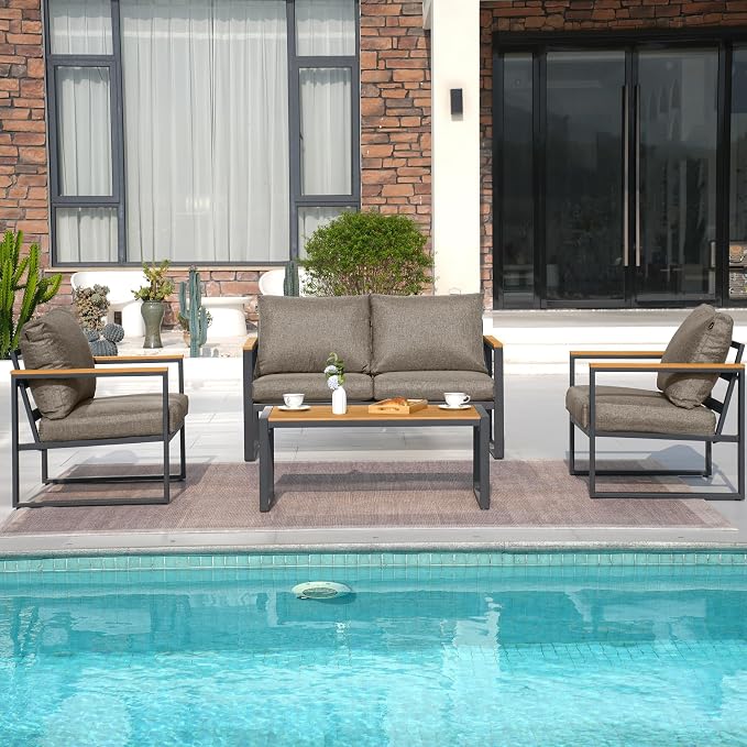 Patio Furniture Set, 4 Pieces Outdoor Patio Furniture with Coffee Table Set, Metal Patio Conversation Sets with Washable and High-Resiliency Sponge Cushions,Coffee