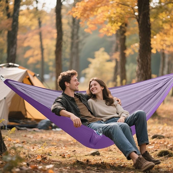 Purple Solid Color Camping Hammock, Portable Lightweight Single Hammock with Tree Straps and Aluminum Carabiners, 114" x 54" Travel Hammock for Hiking Backpacking Beach