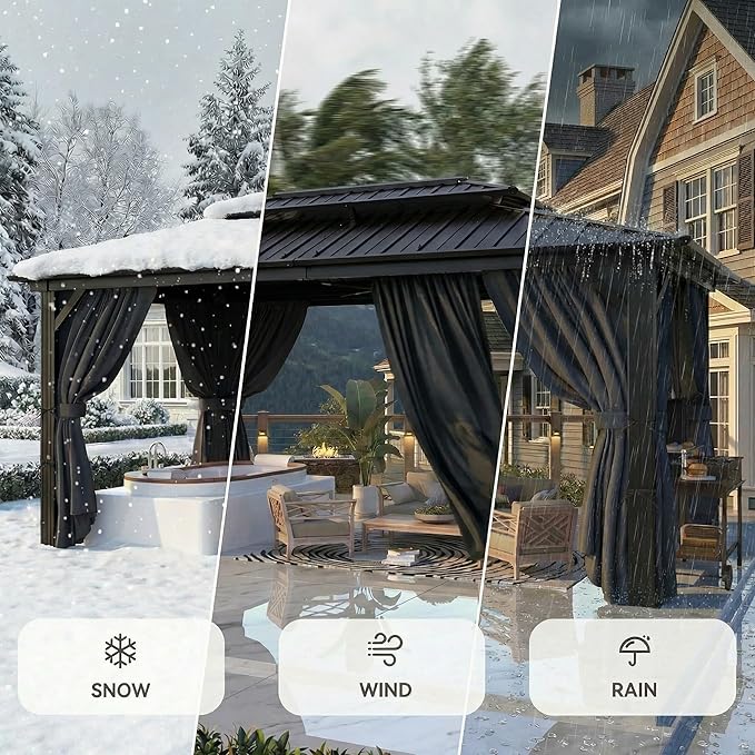 HOTEEL 10x15 Hardtop Gazebo On Clearance with Galvanized Steel Double Roof,Heavy Duty Gazebo with Flame-Retardant Curtain & Netting, Permanent Pavilion Outdoor for Patio, Frame Thickened, Black