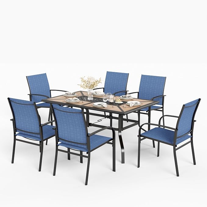 HERA'S HOUSE 7pc Patio Dining Set, Metal Table with PVC Top, Blue Chairs | 61" rectangular table with umbrella hole, 6 textilene chairs. Waterproof, rust-resistant, all-weather for yard, porch