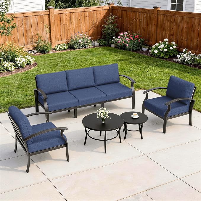 Kurapika Aluminum Patio Furniture Set 5-Seat Modern Metal Outdoor Conversation Sets w/5.1 Inch Cushion Patio Sectional Sofa with 2 Round Coffee Tables, Navy Blue