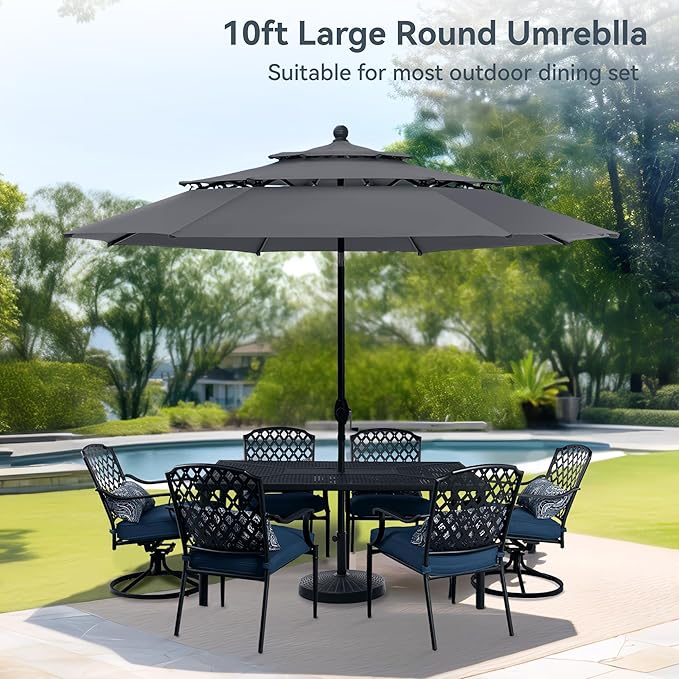 PHI VILLA 10ft Outdoor Patio Umbrellas for Outside, 3 Tier Vented Market Table Umbrella Windproof for Backyard, Deck, Garden, 1.5" Pole, Grey(No Base)