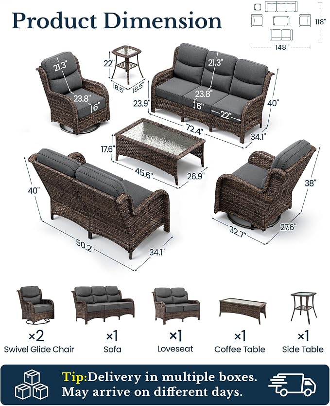 HILLGA Luxury Outdoor Patio Furniture Set with 6-Inch Thick Cushions, High Back Wicker Swivel Rocker Chairs, 6 Pcs All Weather Conversation Set for Large Deck, Yard and Poolside, Gray (V3)