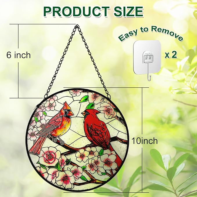 Remiawy Cardinal Stained Glass Window Hanging, 10 Inch Sun Catcher Glass Panel with Metal Chain and Hooks Suncatcher Indoor Window Wall Art Home Decor Gift for Bird Lovers Women Mother's Day Christmas