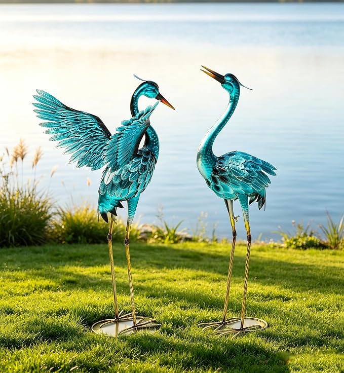 36.8" Metal Crane Garden Statue, Oversized Heron Yard Decor | Handcrafted with 3DTexture, Hand-Painted, U-ground Stakes for Stability, Weather Resistant Iron, Backyard Lawn Pond Patio
