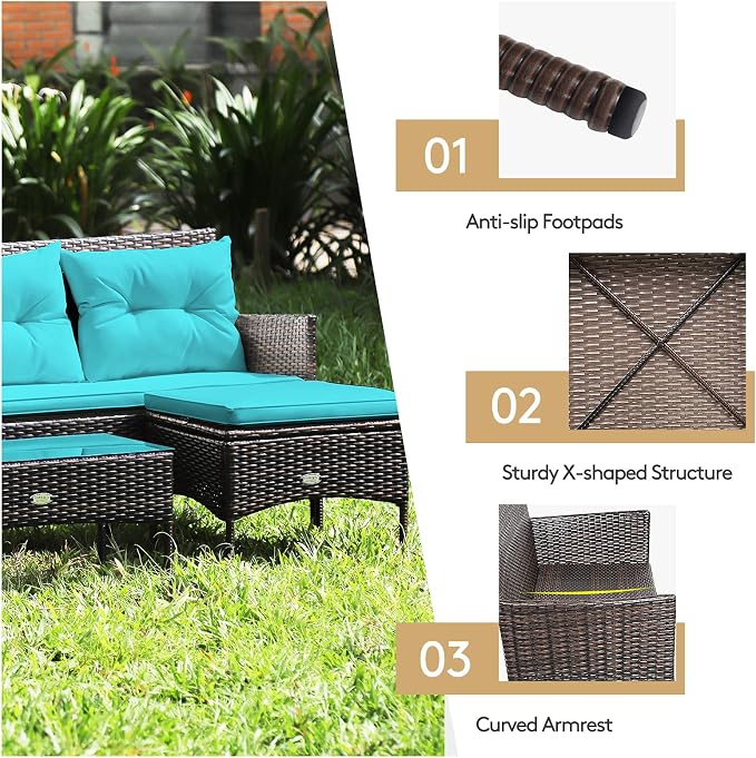 HAPPYGRILL 3 Piece Outdoor Rattan Conversation Set Patio Furniture Set with Tempered Glass Coffee Table, 5 Elastic Seat & Back Cushions, Sectional Sofa Set for Poolside Balcony Backyard