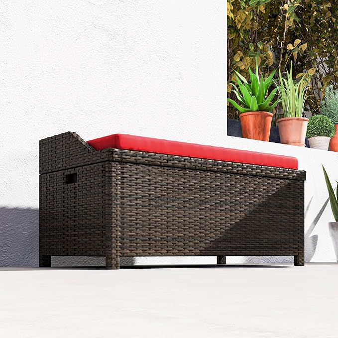 Outsunny 34 Gallon Outdoor Wicker Storage Bench Deck Box, PE Rattan Patio Furniture Pool Storage Bin Container with Interior Waterproof Cloth Bag and Comfortable Cushion, Red