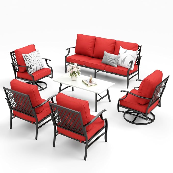MIXPATIO Patio Furniture Set 6 pcs, Outdoor Patio Furniture, 1 X 3-Seat Sofa, 2 X Single Chairs, 2 X Swivel Chairs, 1 X Coffee Table and 5.75" Extra Thick Cushion, Patio Conversation Set,Red