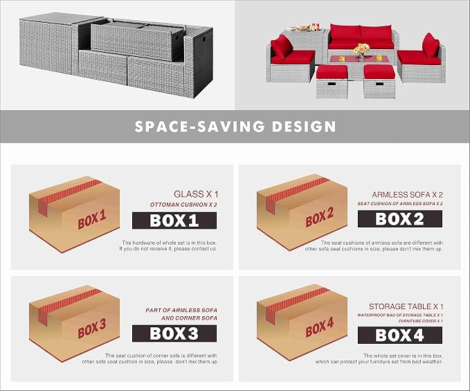 Tangkula 8 Piece Patio Wicker Furniture Set, Patiojoy Space Saving Outdoor PE Rattan Conversation Set with Storage Box & Waterproof Cover, Coffee Table, 2 Ottomans, 2 Armless Sofas & 2 Corner Sofas
