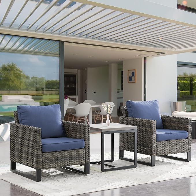 Luxury Wicker Outdoor Patio Chairs Set - 3 Piece Rattan Patio Furniture Bistro Chairs Set with Waterproof Wicker,Comfortable Cushions and Sturdy Metal Frame for Porch Deck Backyard(Mixed Grey/Blue)