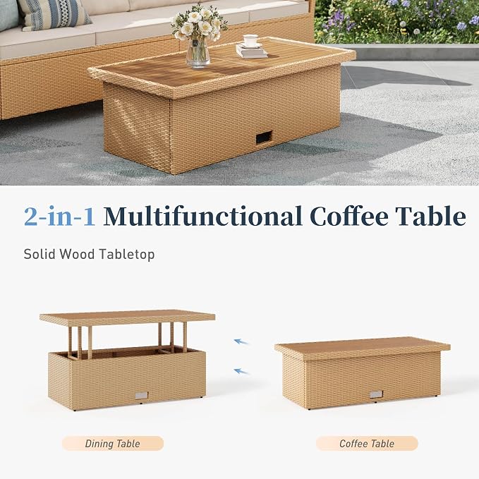SUNSHINE VALLEY Patio Furniture Set, 6 Piece Wicker Outdoor Patio Conversation Set, Outside L-Shaped Sectional Sofa Couch with Chaise Lounge and 2 Ottomans, 1 Height Adjustable Table for Lawn