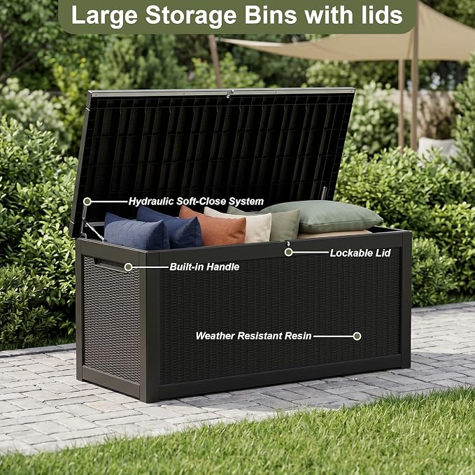320 Gallon Outdoor Storage Box Waterproof, Lockable Resin Deck Box Large, Patio Storage Bin for Pool Accessories Cushion Furniture, Garden Tools, UV-Resistant Outside Delivery Black