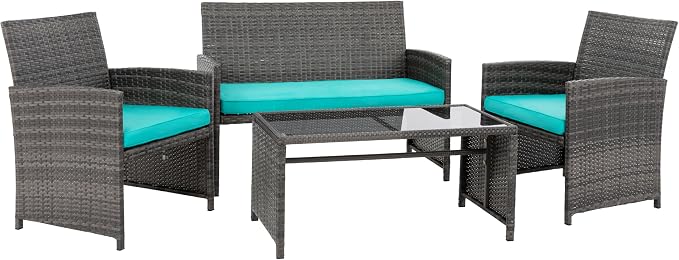 4 Piece Patio Ratten Set Outdoor Furniture Set Wicker Conversation Sets with Cushions and Tempered Glass Tabletop,Blue