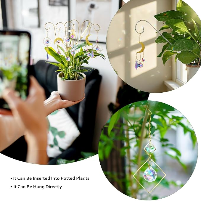 6Pack Small Trellis for Potted Plant Indoor with Crystal Prisms Sun Catcher | 13.5'' Metal Plant Stake Suncatchers for Mini Potted Plant Decoration for Home Window Garden,Gift For Plant Lovers