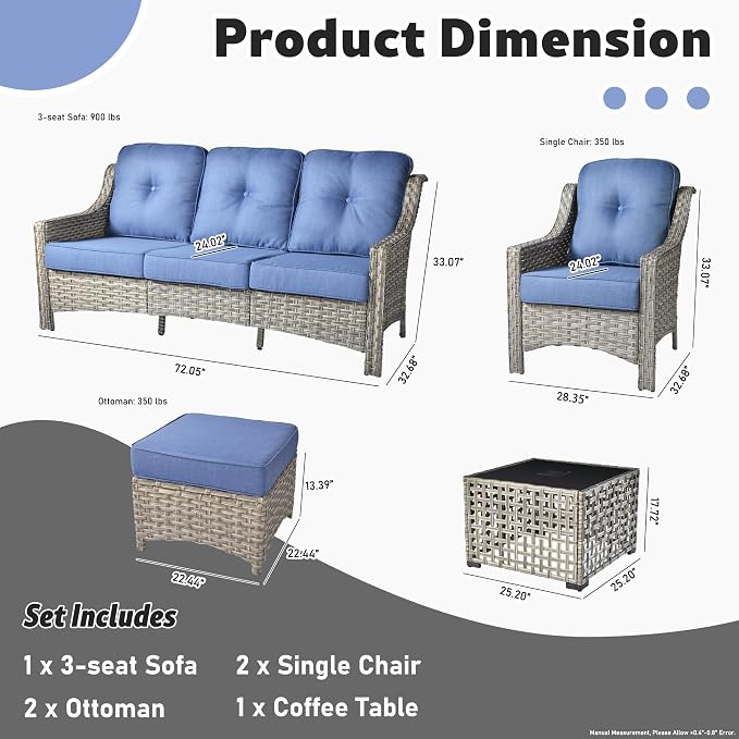 ovios 6 Piece Outdoor Patio Furniture with 3 Seat Sofa,Rattan Wicker Coversation Set with High Back,Sectional Single Sofa with Ottoman for Outside Porch Balcony Backyard Pool, Blue
