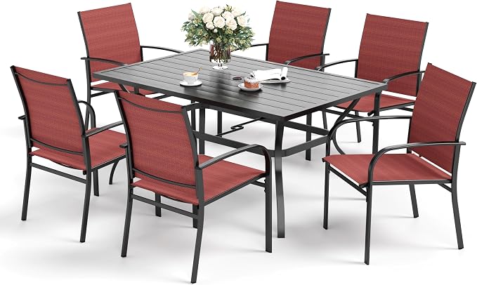 SUNSHINE VALLEY 7 Piece Patio Dining Set for 6, Rectangular Metal Dining Table with Umbrella Hole and 6 Chairs, Outdoor Table and Chairs Set for Lawn Backyard and Deck, Red