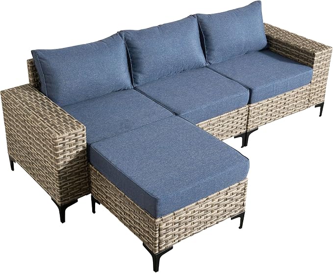 4-Piece Wicker Outdoor Sectional Furniture, Wide Armrest L-Shaped Patio Couch Set with Ottoman, Modern Modular Conversation Sets with Thick Cushion for Backyard Porch Balcony, Denim Blue