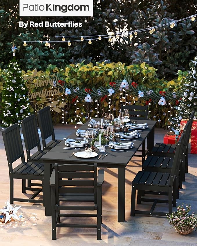 9-Piece Black Outdoor Dining Set with White 15FT Large Patio Umbrella, 75.2'' HDPE Table & Chairs for 8, Weather-Resistant Furniture with Umbrella Hole for Patio, Lawn, Poolside