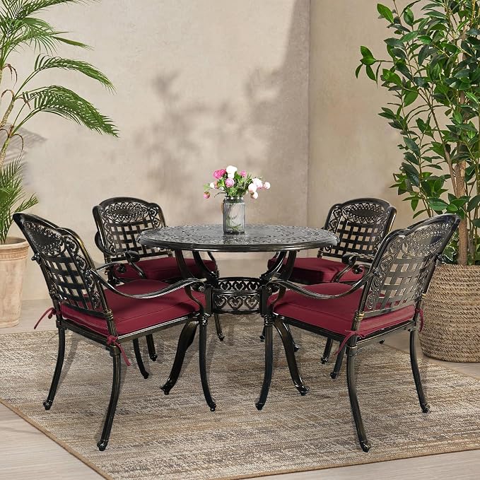 VIVIJASON 5-Piece Patio Furniture Dining Set, All-Weather Cast Aluminum Outdoor Conversation Set, Include 4 Cushioned Chairs and 1 Round Table w/Umbrella Hole for Balcony, Lawn, Backyard, Red Cushion