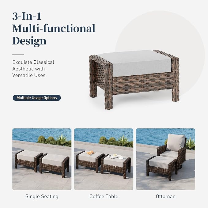 Patio Furniture Set with Swivel Chairs, High Back Wicker Rattan Set with 5.5" Thick Cushions, Fire Pit Table and Ottomans, All Weather Outdoor Conversation Set for Backyard Deck,9 Seats, Light Grey