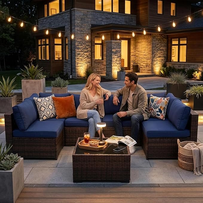 LAUSAINT HOME 7 Pieces Outdoor Patio Furniture, Outdoor Sectional Sofa Patio Furniture Sets Wicker Rattan Patio Conversation Sets with Cushion and Glass Table (Dark Blue)