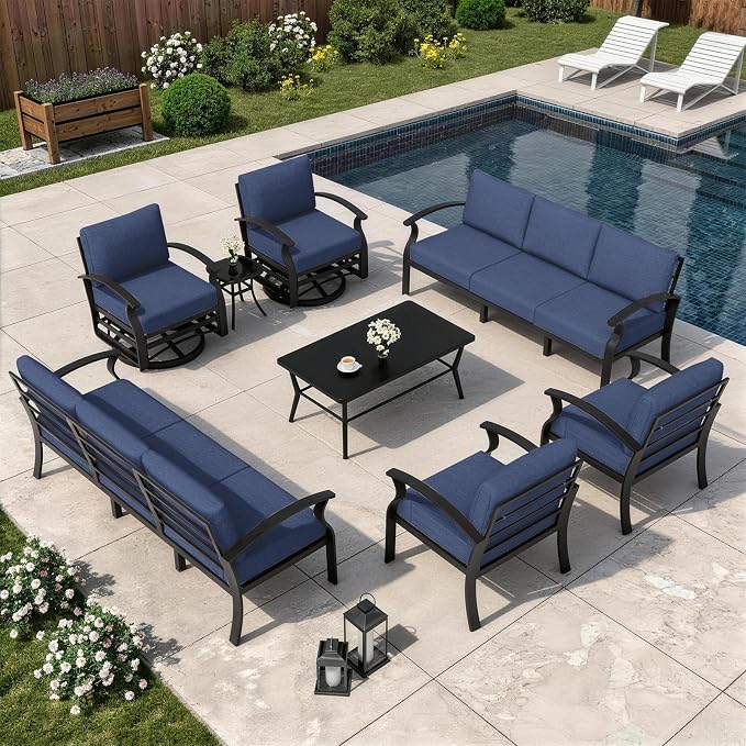 Kurapika Aluminum Patio Furniture Set 10-Seat Modern Metal Outdoor Conversation Sets w/Swivel Rocking Chairs Patio Sectional Sofa w/5.1 Inch Cushion with Rectangular Coffee Table, Navy Blue