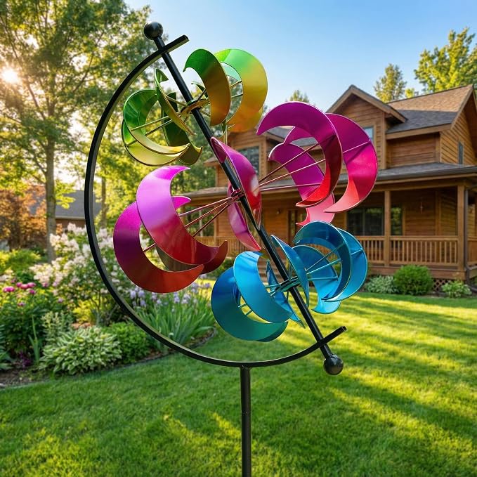 Large Kinetic Wind Spinner Outdoor Metal - 3D Wind Sculptures & Catchers with Stable Stake, Multi-Color Yard Art Decoration for Garden, Patio, Lawn, and Backyard