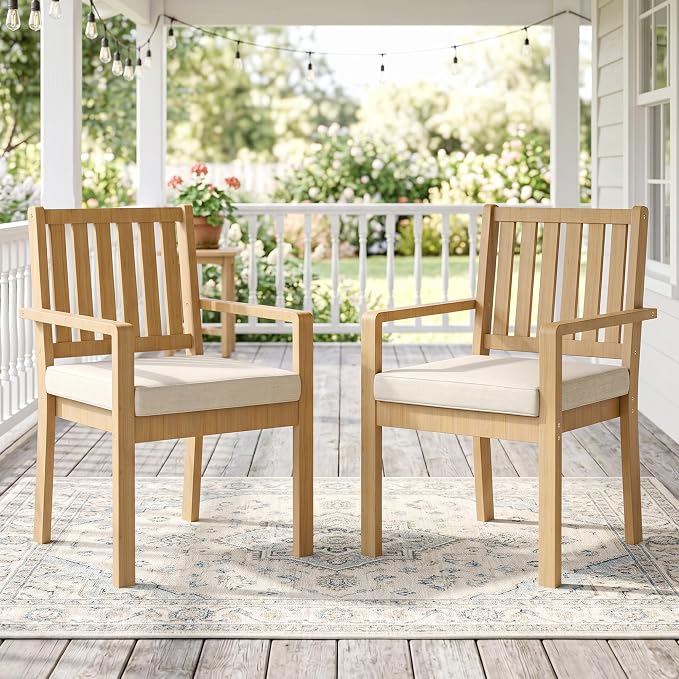 FansaFurn Acacia Patio Chairs Set of 2 for All-Weather, Solid Wood Outside Furniture with 3.1" Thick Cushions, Modern Outdoor Chairs for Backyard, Porch, Garden, Indoor Use, Brown