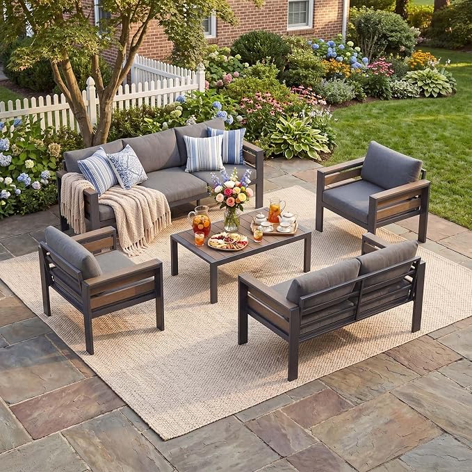 DoCred Aluminum Patio Furniture Set, 5-Piece Modular Patio Conversation Set with Widened Armrests and Thickened Cushions, Metal Outdoor Furniture Set for Porch, Balcony, Deck, Yard, Poolside
