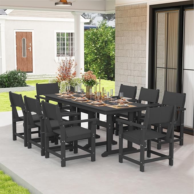 9-Piece HDPE Outdoor Dining Set, Weatherproof Patio Table and Chairs Set for 8, Includes 82.7'' Dining Table and 6 Armchairs, with Umbrella Hole (Black)