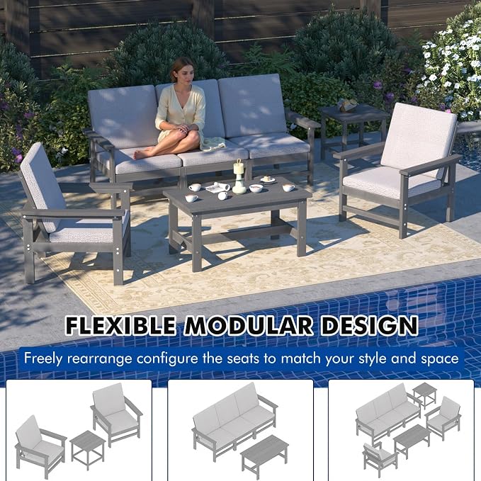 4-Piece HDPE Patio Furniture Set, All-Weather Outdoor Sectional Sofa Set with Coffee Table & Cushions - Wood-Like Composite Conversation Couch for Deck, Lawn, Balcony - Grey Frame