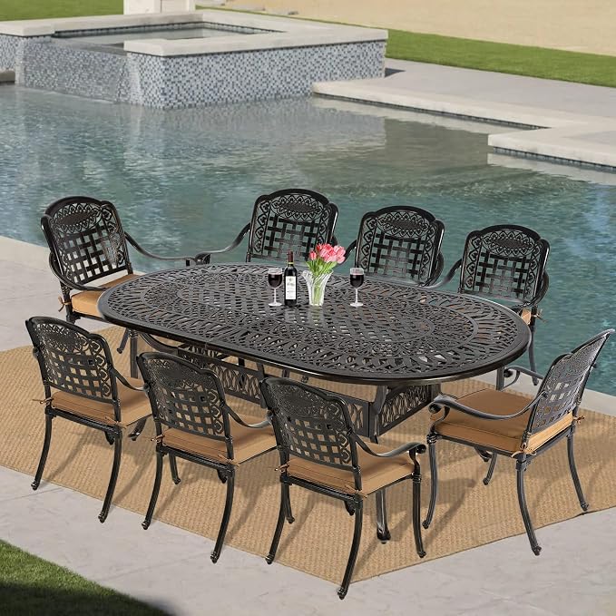 VIVIJASON 9-Piece Patio Furniture Dining Set, Rust-Free Cast Aluminum Outdoor Conversation Set, Include 8 Cushioned Chairs and an Oval Table with Umbrella Hole for Balcony Lawn Garden Backyard