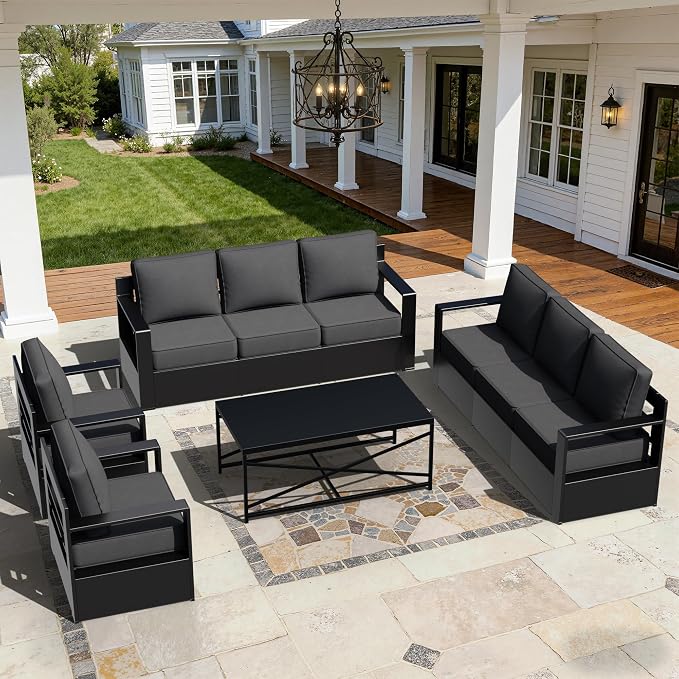 Outdoor Aluminum Furniture Set, 4-Piece Patio Conversation Set, 2 Chairs, 2 Sofa and 1 Table, All-Weather Metal Frame, 6" Thick Removable Cushions, Deep Setting for Garden, Poolside and Porch