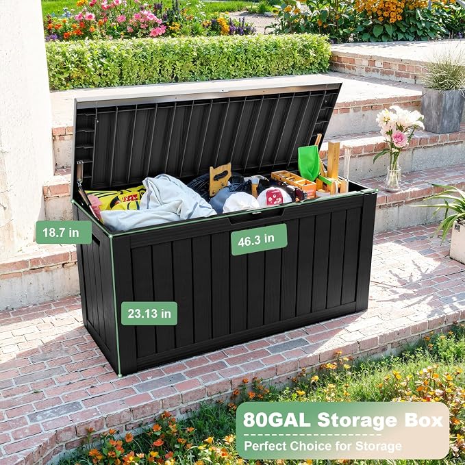DRATO 80 Gallon Large Deck Box, Outdoor Storage Box for Patio Furniture, Patio Cushions, Gardening Tools, Pool Supplies 480lbs Weight Capacity, Waterproof Resin Storage Boxes (Black, 80 Gallon)
