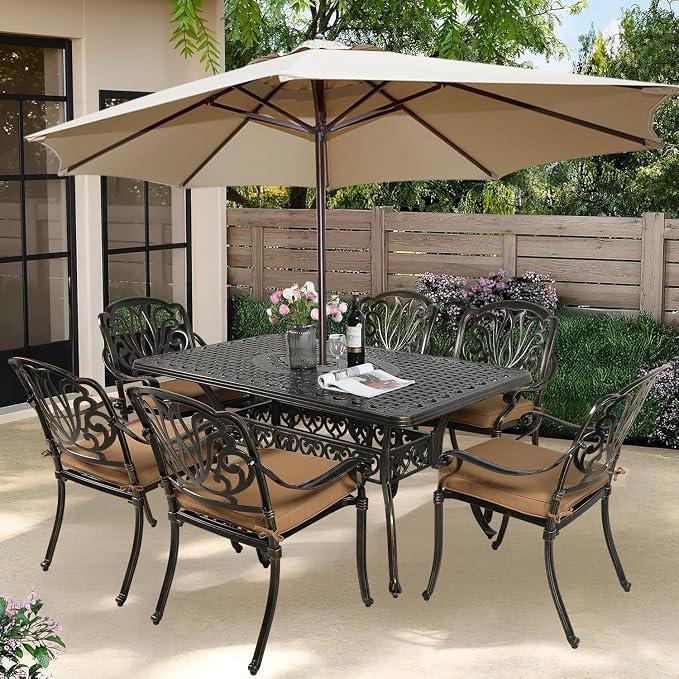 7-Piece Outdoor Patio Dining Set, 60” Rectangular Cast Aluminum Dining Table with Umbrella Hole and 6 Outdoor Dining Cushioned Chairs, Patio Funiture Set for Backyard, Patio, Garden