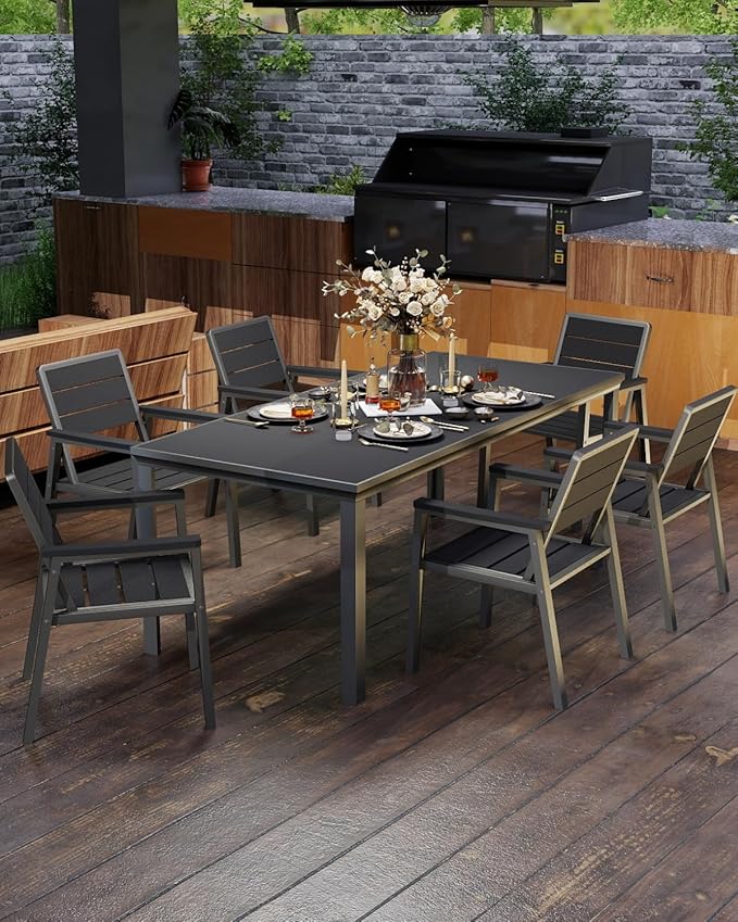 7-Piece Patio Dining Set, Aluminum & HDPE Outdoor Table and Chairs, Weather-Resistant All-Season Backyard & Deck Dining Furniture with 2" Umbrella Hole (Black)