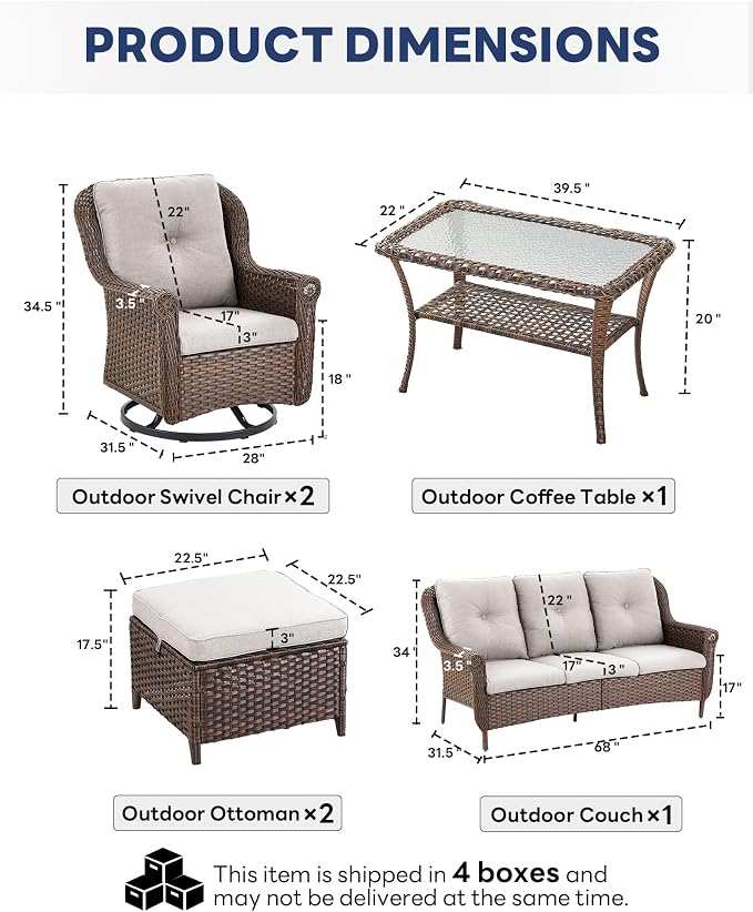 6 Pieces Wicker Patio Conversation Sets-Swivel Patio Chairs with Outdoor Sofa Outdoor Patio Furniture Set for Patio Deck Porch Garden Backyard-Brown/Beige