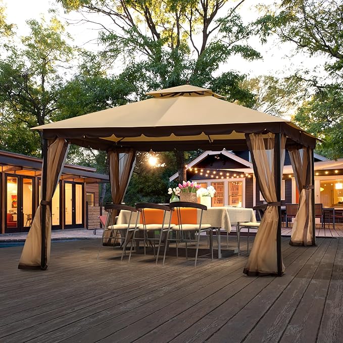 Bezseller 10x12 Outdoor Patio Gazebo with Powder-Coated Metal Frame, Stable Double-Tier Canopy with Zip Mesh Sidewalls for Backyard Dining & Entertaining, Khaki