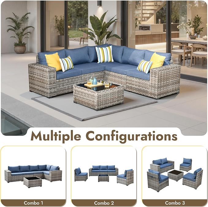 6 Pieces Patio Furniture Set,Wicker Outdoor Sectional Sofa with Coffee Table Comfy Cushions,Modern Modular Deep Seat Rattan Couch Conversation Set for Backyard Porch Yard,Denim Blue