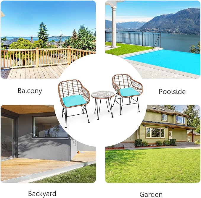 DORTALA 3 Piece Patio Bistro Set, Outdoor Wicker Furniture with Round Tempered Glass Top Table & 2 Rattan Armchairs, Cushions, Conversation Set for Porch, Backyard, Garden, Turquoise