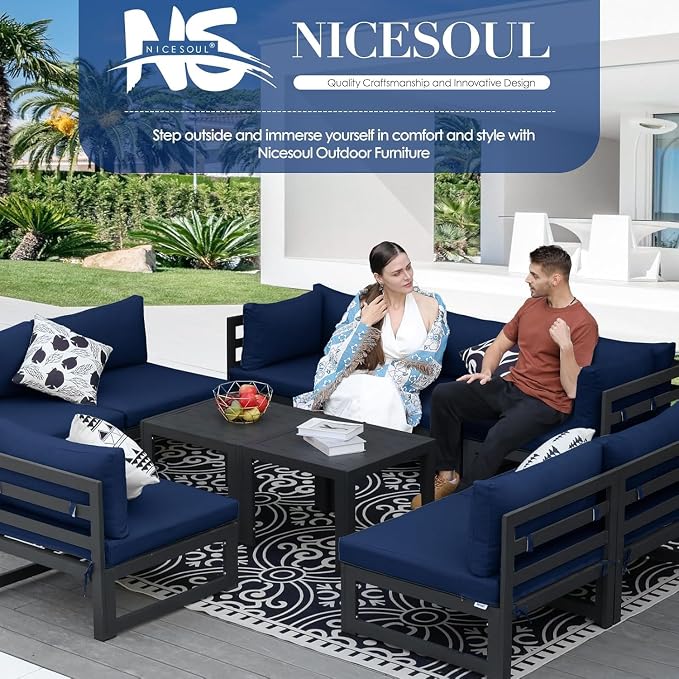 NICESOUL 12 Pcs Extra Large Modern Aluminum Outdoor Sofa with Coffee Table, 29" Deep Wide Seat, 500 lbs Durable Sectional Set for Heavy People,High End Patio Furniture Set for Backyard Lawn, Navy Blue
