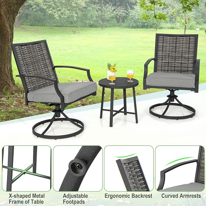 Tangkula 3 Piece Patio Swivel Chair Set, Wicker Swivel Chairs w/Coffee Table, Soft Seat Cushions, Heavy-Duty Metal Frame, 360° Swiveling Chair Set for Backyard, Balcony, Front Porch (Gray)