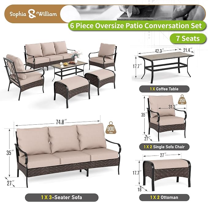 Sophia & William Patio Furniture Set, Metal Outdoor Conversation Set 7 Seats with 3-Seater Sofa, 2 Sofa Chairs, 2 Ottoman,1 Coffee Table for Lawn Porch Backyard,Beige