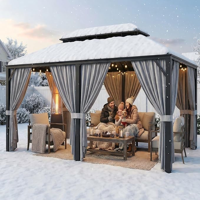 IRONCK 12'x20' Outdoor Hardtop Gazebo, Aluminum Patio Gazebo with Galvanized Steel Double Roof, Patio Pergola with Net and Curtain, Backyard Canopy for Garden, Deck, Black Gray