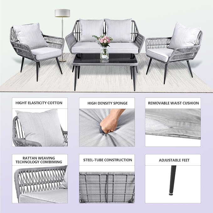 4-Piece Wicker Patio Furniture Set – Outdoor Conversation Set with 2 Armchairs, Loveseat & Tempered Glass Coffee Table, All-Weather Rattan Couch for Backyard, Deck, Balcony, Gray