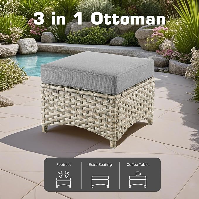 9 PCS Outdoor Patio Furniture Set with Fire Pit Table and Swivel Rocking Chairs,All Weather Wicker Rattan Patio Seating Sofa and Chair Set with Ottomans,Outdoor Conversation for Porch Deck Yard,Grey